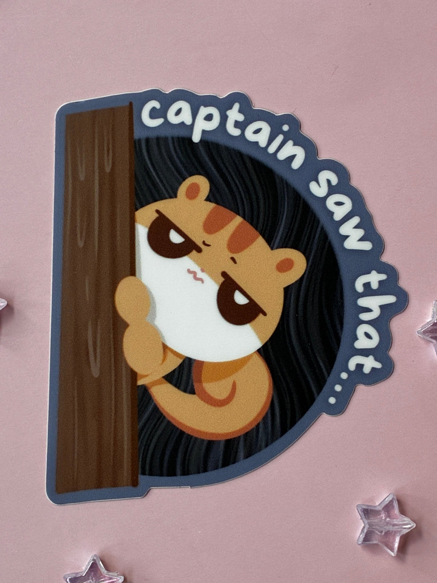 Jjoongrami, orange squirrel peaking from a doorway with the text captain saw that. Sticker on pink background.
