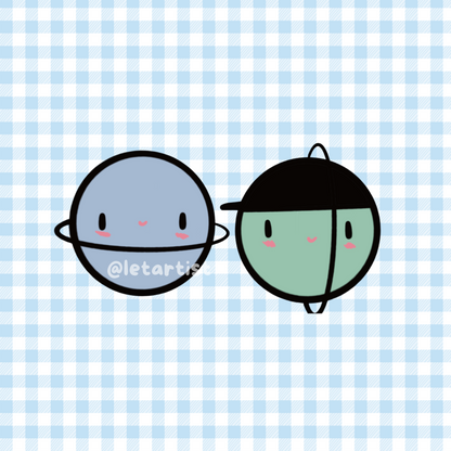 Digital drawing of two planets one blue as Neptune one green as Uranus next to each other with a light blue plaid background.
